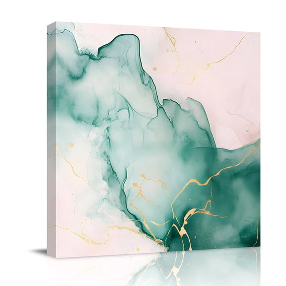 Canvas Wall Art, Marble Green Framed Canvas Prints for Bedroom Office, Pink Gold Modern Foil Glitter Wavy Art Large Gallery Wrapped Wall Decor for Home Office, Gifts, 16"x16" Ship Next Day