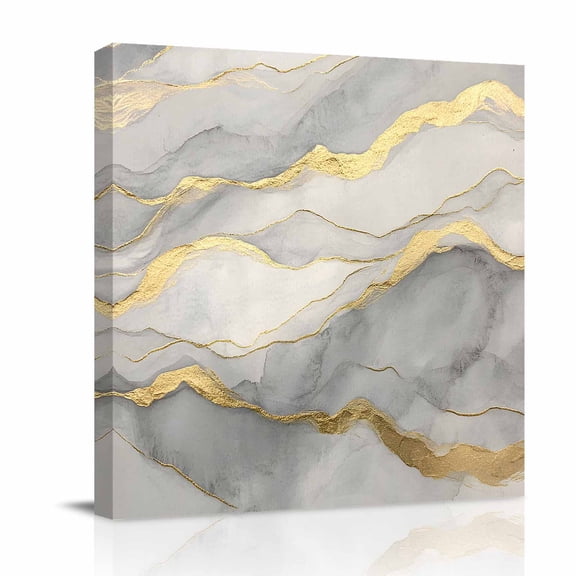 Canvas Wall Art, Marble Grey Framed Canvas Prints for Bathroom Desk, Modern Gold Luxury Neutral Texture Small Gallery Wrapped Wall Decor for Home Office, Gifts, 8"x8" Ship Next Day