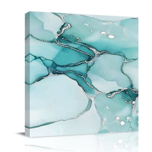 Canvas Wall Art, Marble Turquoise Framed Canvas Prints for Bathroom Desk, Abstract Nature Cracks Silver Wavy Small Gallery Wrapped Wall Decor for Home Office, Gifts, 8"x8" Ship Next Day