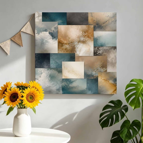 Canvas Wall Art Marble Vein Canvas Art Print Abstract Vintage Khaki Teal Cloud Sand Patchwork Pictures Wall Decor for Living Room Bedroom Artwork Decorations Stretched Framed Ready to Hang 8"x8"