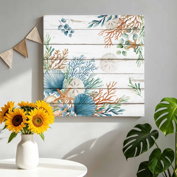 Canvas Wall Art Marine Life Canvas Art Print Shell Coral Eucalyptus Leaves Wood Grain Pictures Wall Decor for Living Room Bedroom Artwork Decorations Stretched Framed Ready to Hang 8"x8"