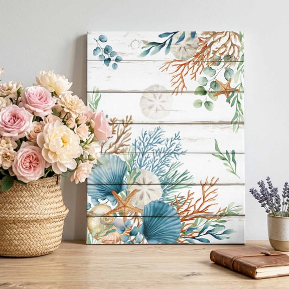 Canvas Wall Art Marine Life Canvas Art Print Shell Coral Eucalyptus Leaves Wood Grain Pictures Wall Decor for Living Room Bedroom Artwork Decorations Stretched Framed Ready to Hang 11"x14"