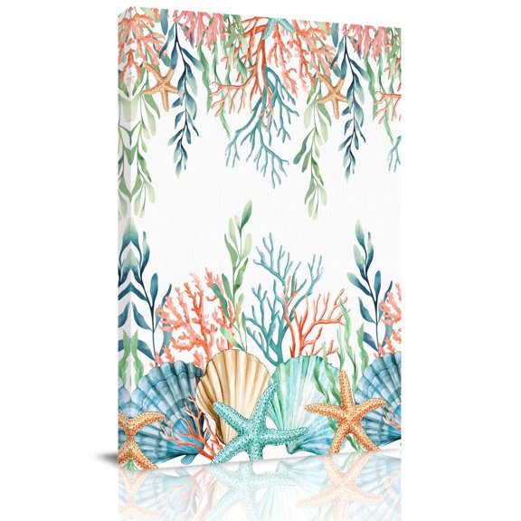 Canvas Wall Art, Marine Life Framed Canvas Prints for Bedroom Living Room, Nautical Underwater Coral Shell Starfish Watercolor Gallery Wrapped Wall Decor for Home Office, Gifts, 18"x24" Ship Next Day