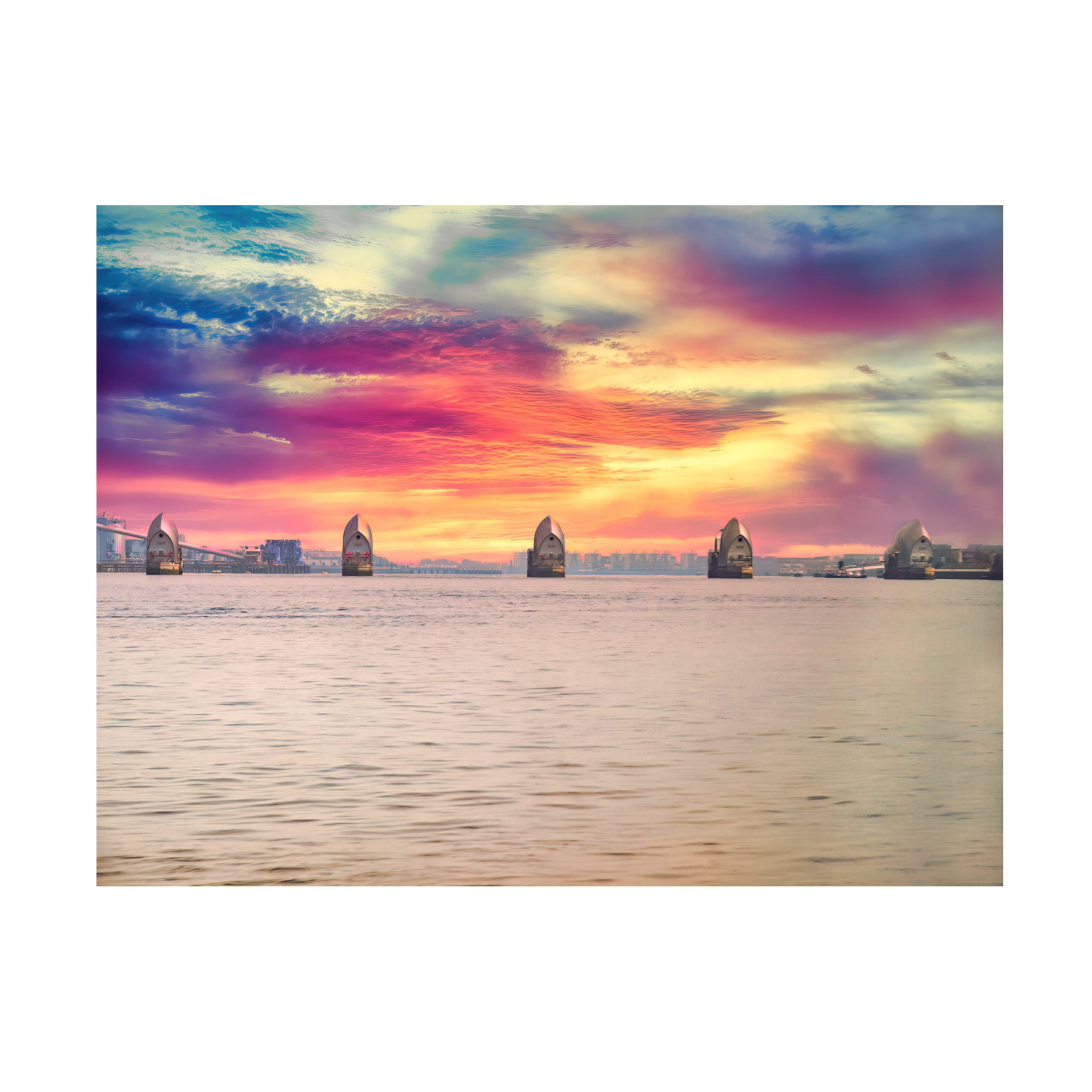 Canvas Wall Art - Mark A Paulda 'Thames Barrier At Sunrise' Wall Art for Living Room, Bedroom, or Office Décor by Trademark Fine Art - 47 x 35 Inches
