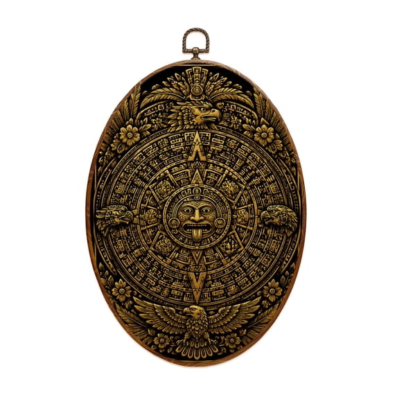 Canvas Wall Art Mayan Calendar Aztec Calendar Ancient Maya Animal Mural Sun Calendar Oval Framed Canvas Prints Vintage Wall Hanging Decor for Home Decorations 8.6"x11.4"