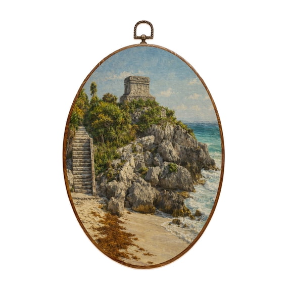 Canvas Wall Art Mayan Ruins Tulum Mexico Oval Framed Canvas Prints Vintage Wall Hanging Decor for Home Bathroom Decorations Gift for Mom Women 8.6"x11.4"