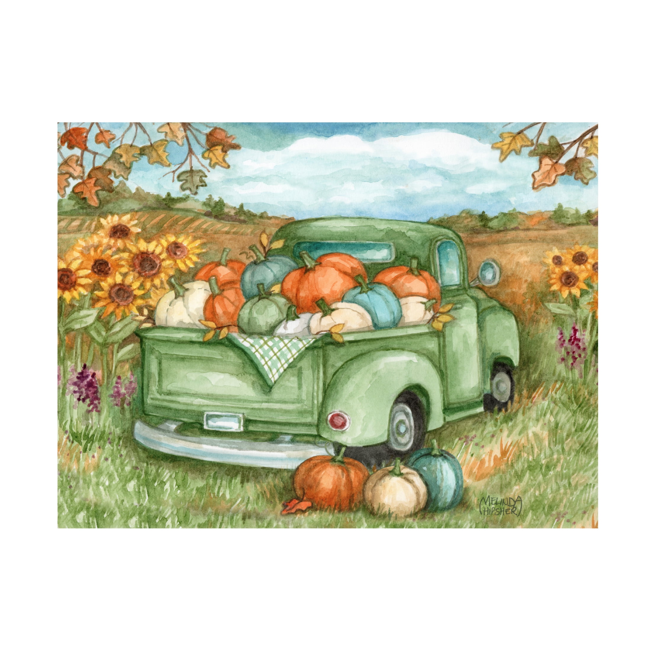 Canvas Wall Art - Melinda Hipsher 'Green Truck With Pumpkins In Autumn Sunflower Field' Wall Art for Living Room, Bedroom, or Office Décor by Trademark Fine Art - 32 x 24 Inches