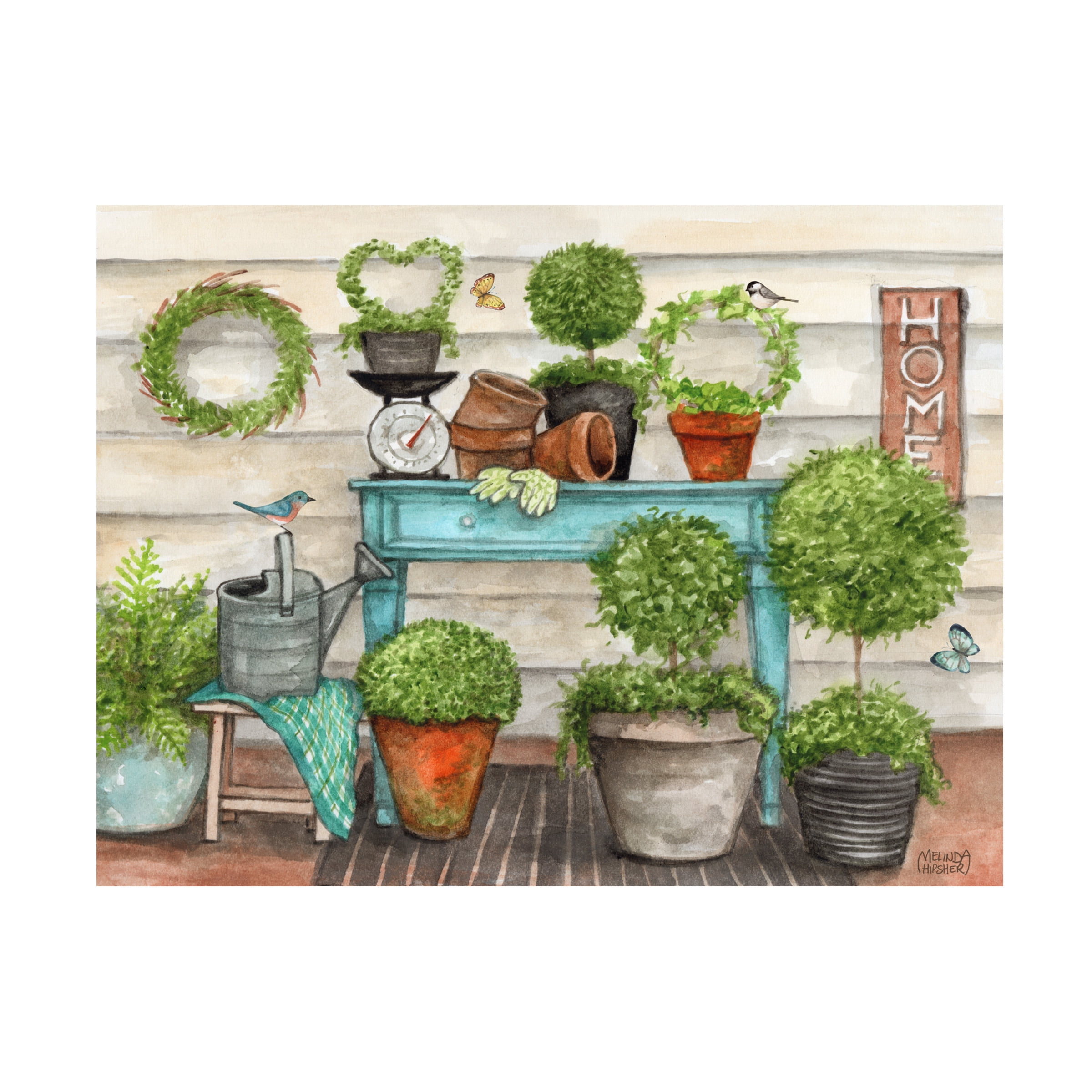 Canvas Wall Art - Melinda Hipsher 'Potted Plants With Birds and Butterflies' Wall Art for Living Room, Bedroom, or Office DÃ©cor by Trademark Fine Art - 24 x 18 Inches