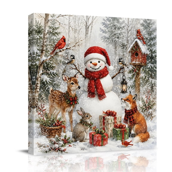 Canvas Wall Art, Merry Christmas Framed Canvas Prints for Bathroom Kitchen, Winter SnowmanXmas Tree Forest Wildlife Gallery Wrapped Wall Decor for Home Office, Gifts, 10"x10" Ship Next Day