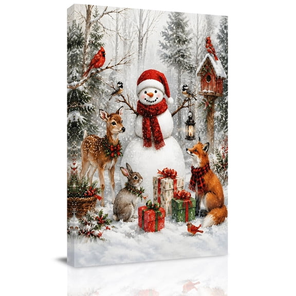 Canvas Wall Art, Merry Christmas Framed Canvas Prints for Hallway Living Room, Winter SnowmanXmas Tree Forest Wildlife Extra Large Gallery Wrapped Wall Decor for Home Office, Gifts, 20"x30"