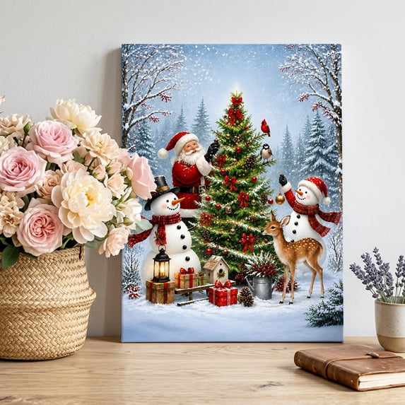 Canvas Wall Art, Merry Christmas Framed Canvas Prints for Living Room Bedroom, Xmas Tree Santa Claus Snowman Deer Large Gallery Wrapped Wall Decor for Home Office, Gifts, 16"x20" Ship Next Day