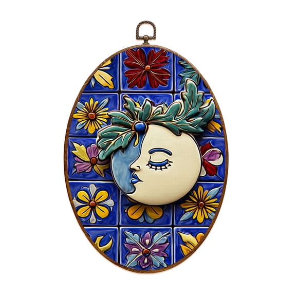 Canvas Wall Art Mexican talavera ceramic tile Oval Framed Canvas Prints Vintage Wall Hanging Decor for Home Decorations 8.6"x11.4"