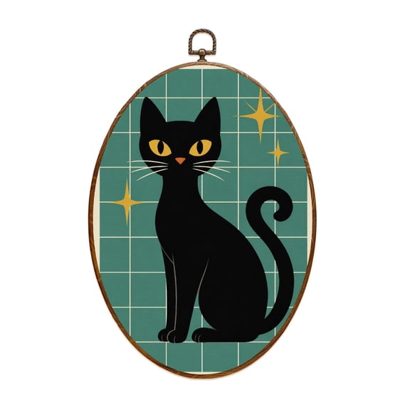 Canvas Wall Art Mid Century Atomic Black Cat Retro Starbursts Stars Abstract Cute Oval Framed Canvas Prints Vintage Wall Hanging Decor for Home Decorations 8.6"x11.4"