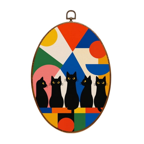Canvas Wall Art Mid Century Black Cat Retro Atomic Starburst Modern Abstract Geometric Oval Framed Canvas Prints Vintage Wall Hanging Decor for Home Decorations 8.6"x11.4"