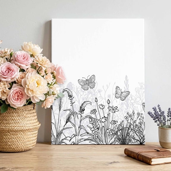 Canvas Wall Art Minimalism Flower Canvas Art Print Line Drawing Simple Plants Black Grey Pictures Wall Decor for Living Room Bedroom Artwork Decorations Stretched Framed Ready to Hang 16"x24"