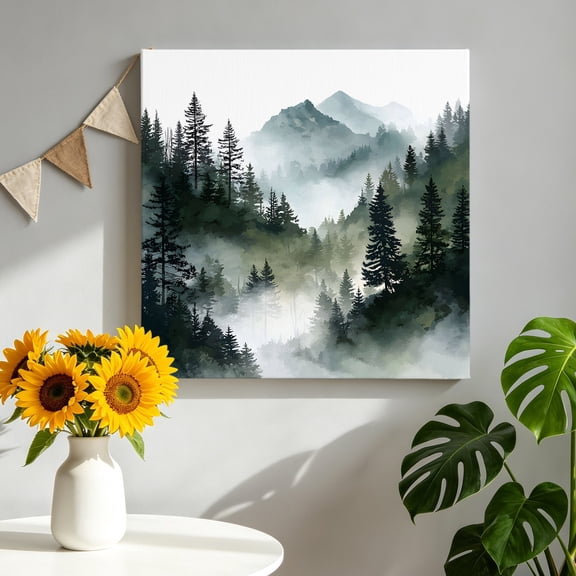 Canvas Wall Art Misty Evergreen Forest Mountain Canvas Art Print Soft Foggy Pine Trees Green Pictures Wall Decor for Living Room Bedroom Artwork Decorations Stretched Framed Ready to Hang 8"x8"