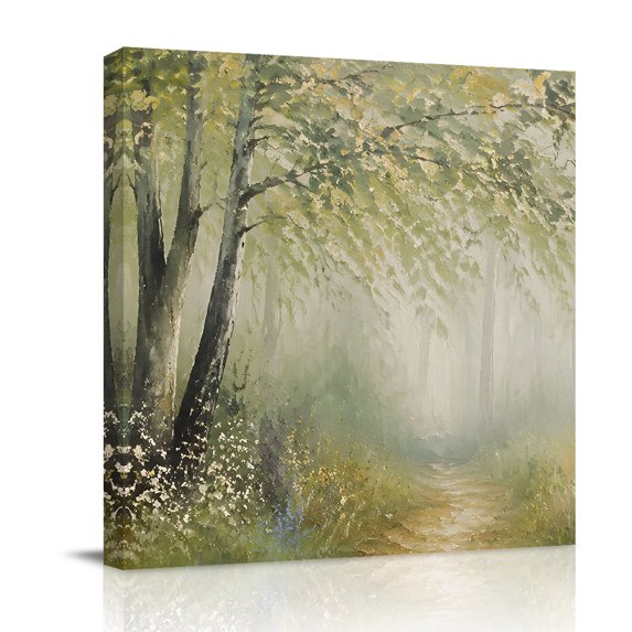 Canvas Wall Art, Misty Forest Path Framed Canvas Prints for Bathroom Desk, Botanical Birch Trees Wild Meadows Small Gallery Wrapped Wall Decor for Home Office, Gifts, 8"x8" Ship Next Day