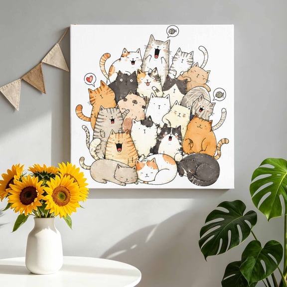 Canvas Wall Art Modern Animal Art Canvas Art Print Crowded Cat Pile Sleeping Kittens Illustration Pictures Wall Decor for Living Room Bedroom Artwork Decorations Stretched Framed Ready to Hang 8"x8"
