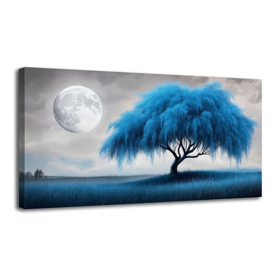 Canvas Wall Art Modern Blue Wall Art Decor Tree Moon Landscape Field Blue Tones Oil Wall Decor for Living Room Bathroom Bedroom Office 30" x 60" Art Paintings, Ready to Hang
