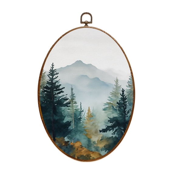 Canvas Wall Art Modern Office Abstract Mountain Forest Landscapes Pine Trees Evergreen Oval Framed Canvas Prints Vintage Wall Hanging Decor for RV Wall Campsite Decor 8.6"x11.4"