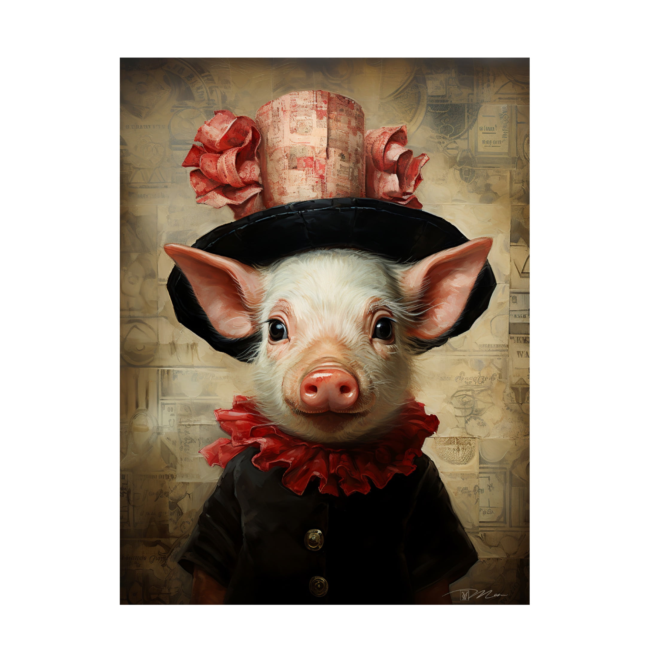 Canvas Wall Art - Momart 'Cute Pig With A Red Hat Baroque Style 2' Wall Art for Living Room, Bedroom, or Office Décor by Trademark Fine Art - 24 x 32 Inches