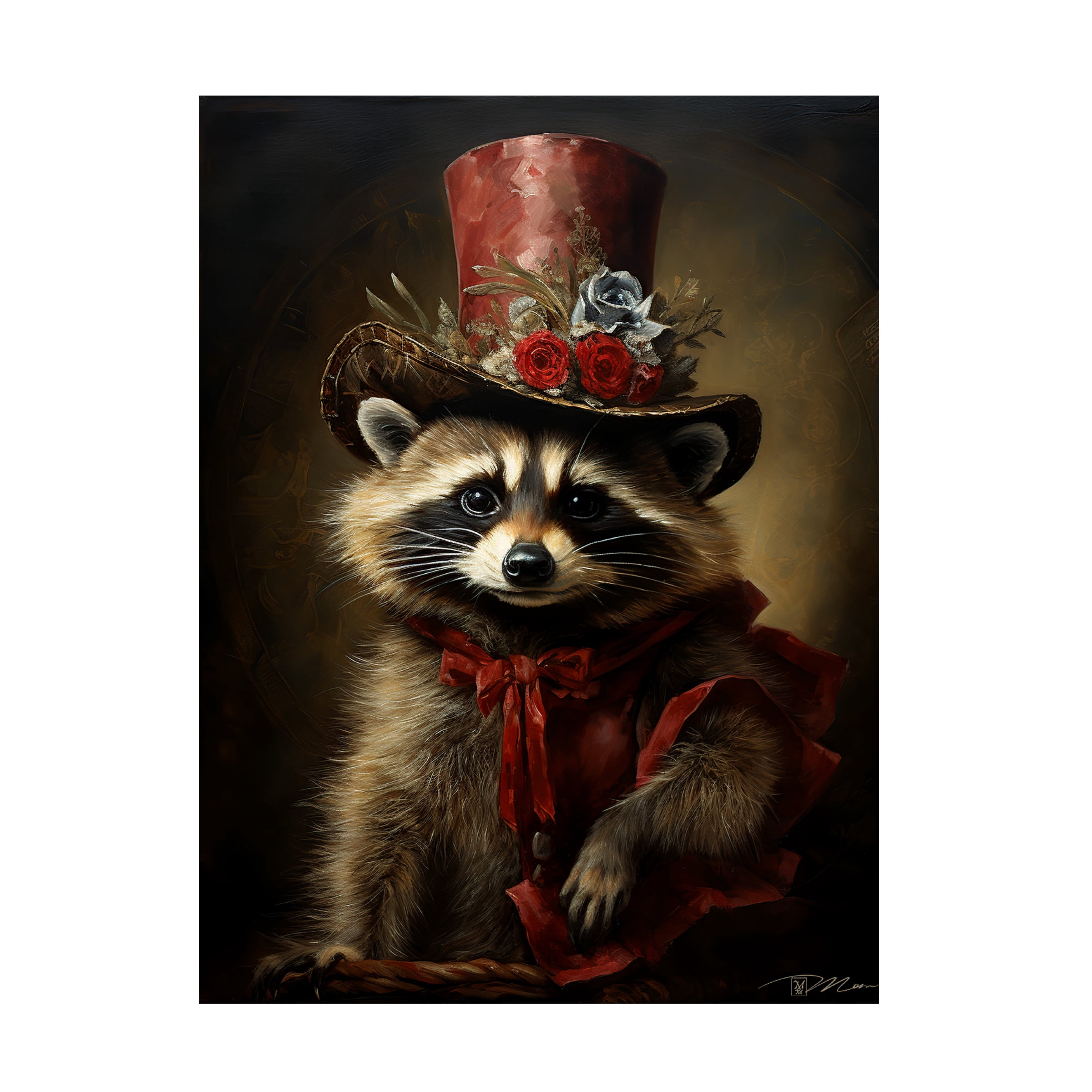 Canvas Wall Art - Momart 'Cute Raccoon With A Red Hat Baroque Style 1' Wall Art for Living Room, Bedroom, or Office DÃ©cor by Trademark Fine Art - 35 x 47 Inches