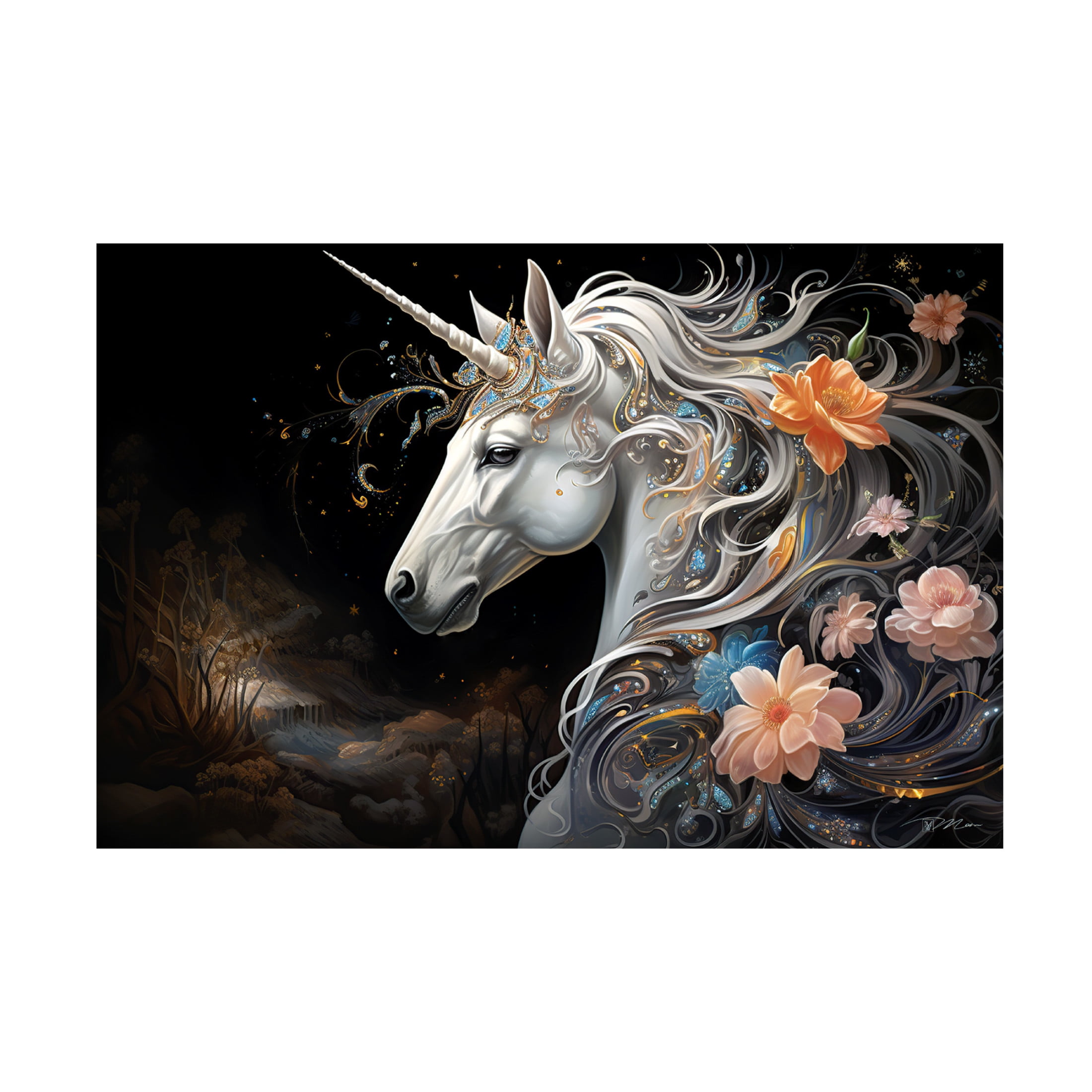 Canvas Wall Art - Momart 'Fantasy Unicorn 1' Wall Art for Living Room, Bedroom, or Office Décor by Trademark Fine Art - 47 x 30 Inches