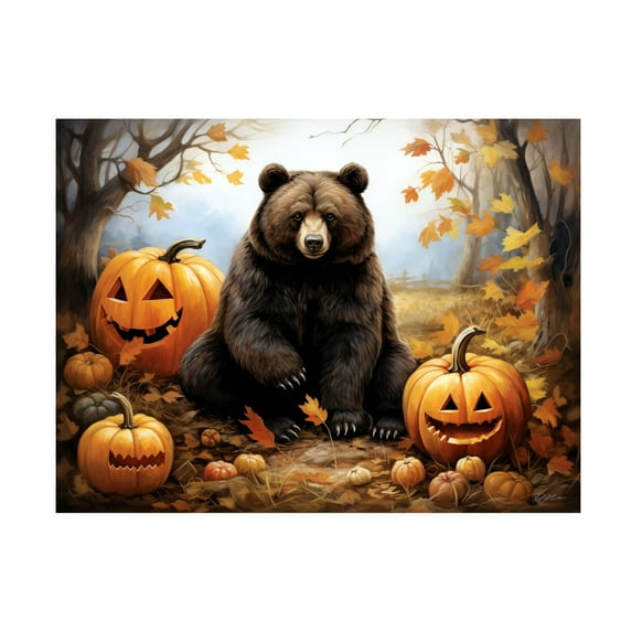 Canvas Wall Art - Momart 'Halloween Bear and Pumpkins' Wall Art for Living Room, Bedroom, or Office Décor by Trademark Fine Art - 32 x 24 Inches