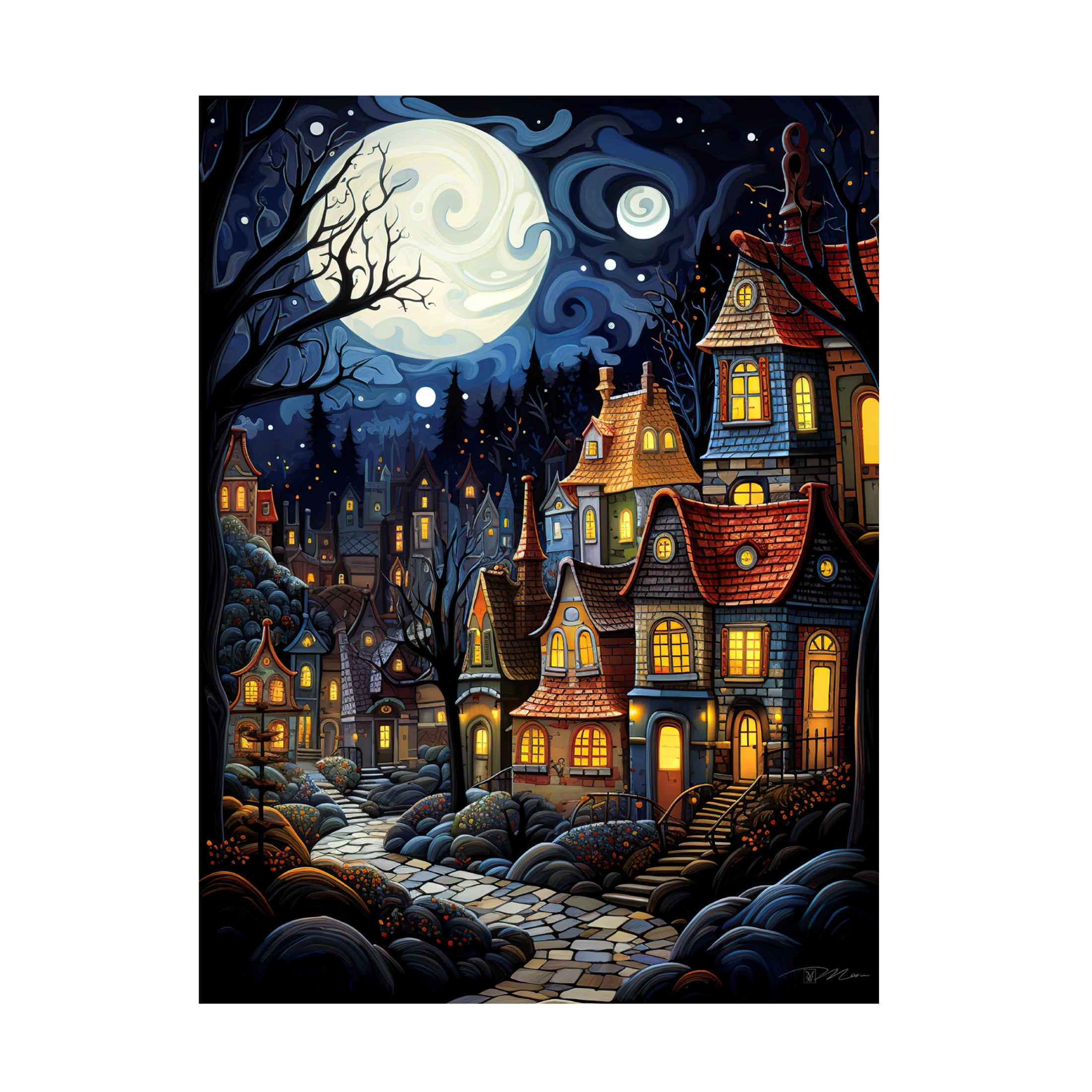 Canvas Wall Art - Momart 'Serene Village Under The Moon 3' Wall Art for Living Room, Bedroom, or Office Décor by Trademark Fine Art - 35 x 47 Inches