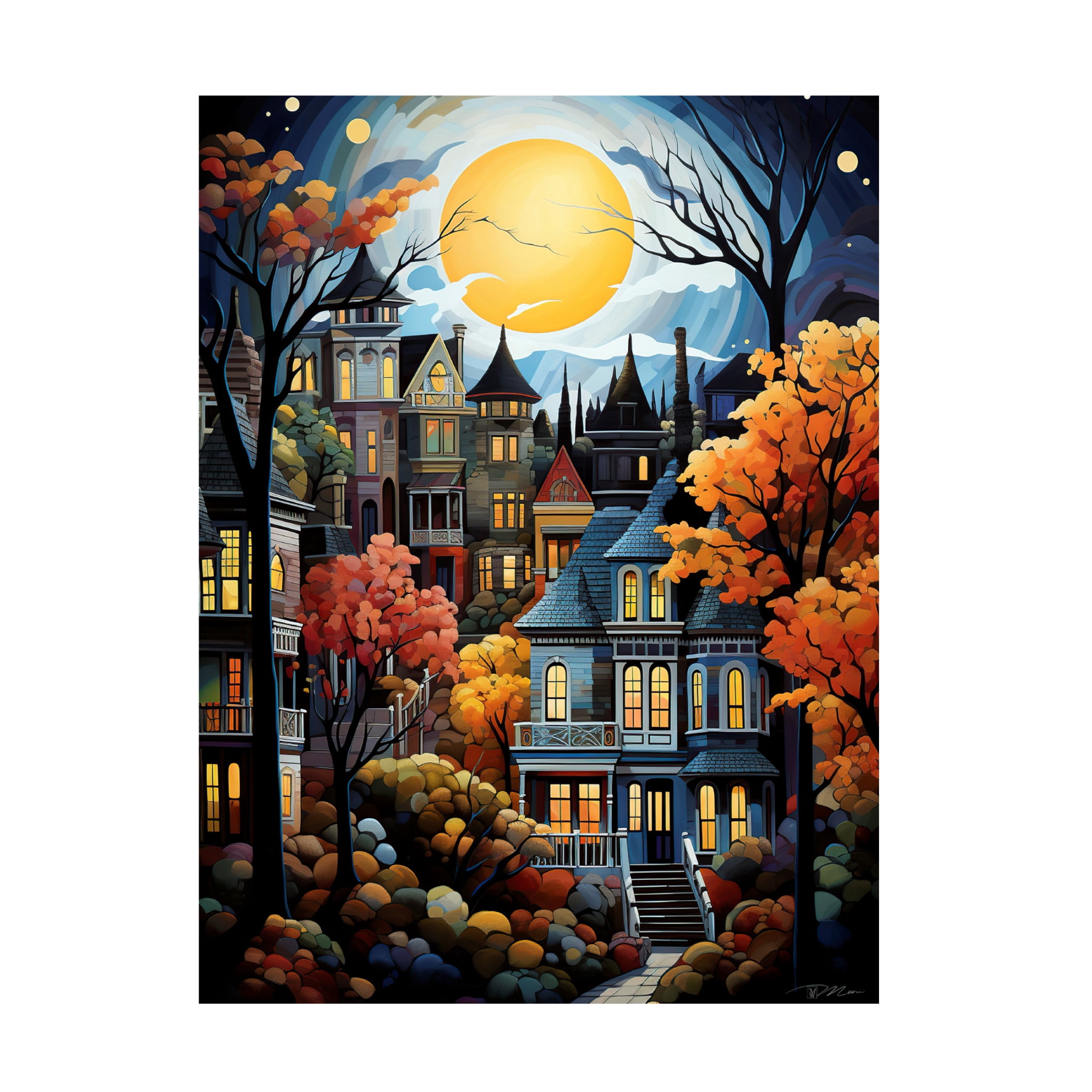 Canvas Wall Art - Momart 'Serene Village Under The Moon 4' Wall Art for Living Room, Bedroom, or Office Décor by Trademark Fine Art - 24 x 32 Inches