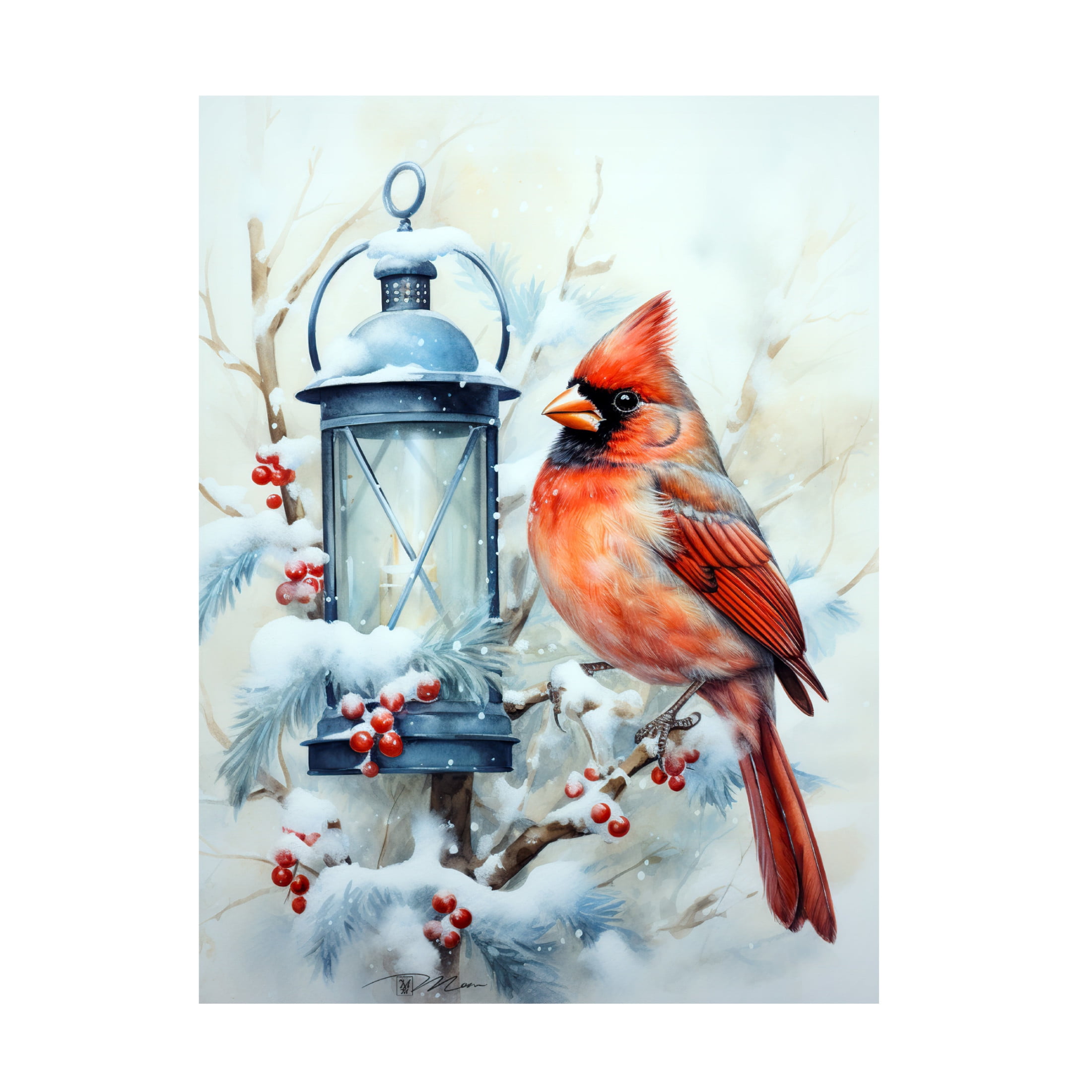 Canvas Wall Art - Momart 'Winter Lanterns With Birds 3' Wall Art for Living Room, Bedroom, or Office Décor by Trademark Fine Art - 24 x 32 Inches