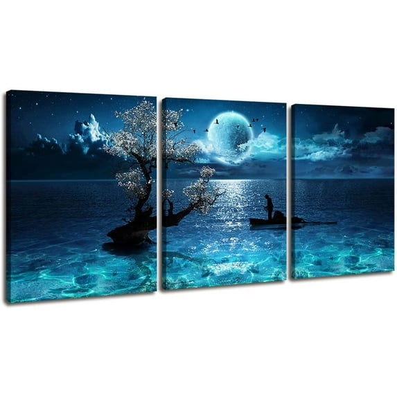 Canvas Wall Art Moon Sea Ocean Landscape Pictures for Living Room Wall Decoration Dathroom Decor Wall Art Paintings for Bedroom Modern Framed Artwork Canvas Prints 3 Panels Wall Art 12x16inchx3pcs