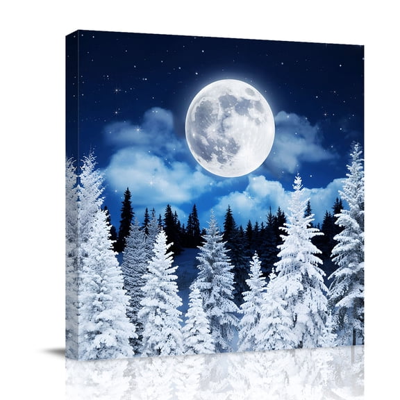 Canvas Wall Art, Moonlight Landscapes Framed Canvas Prints for Bathroom Desk, Winter Christmas Trees Forest Small Gallery Wrapped Wall Decor for Home Office, Gifts, 8"x8" Ship Next Day