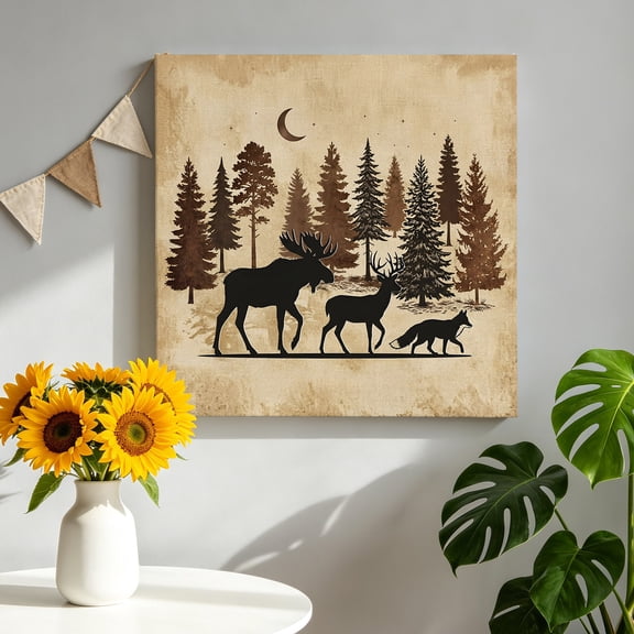 Canvas Wall Art Moose Deer Canvas Art Print Rustic Farmhouse Pine Moon Brown Bronze Wilderness Pictures Wall Decor for Living Room Bedroom Artwork Decorations Stretched Framed Ready to Hang 8"x8"
