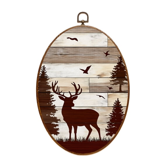 Canvas Wall Art Moose Wooden Cabin Bear Silhouettes Deer Trees Birds Wooden Planks Oval Framed Canvas Prints Vintage Wall Hanging Decor for Home Office Nursery Family Gift 8.6"x11.4"