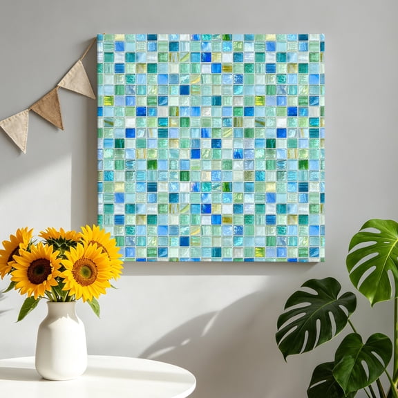 Canvas Wall Art Mosaic Grid Canvas Art Print Abstract Retro Minimalist Blue Mint Green Checkered Pictures Wall Decor for Living Room Bedroom Artwork Decorations Stretched Framed Ready to Hang 12"x12"