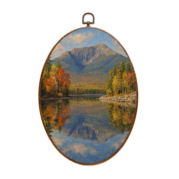 Canvas Wall Art Mount Katahdin reflection small pond Maine Oval Framed Canvas Prints Vintage Wall Hanging Decor for Home Bathroom Decorations Gift for Mom Women 8.6"x11.4"