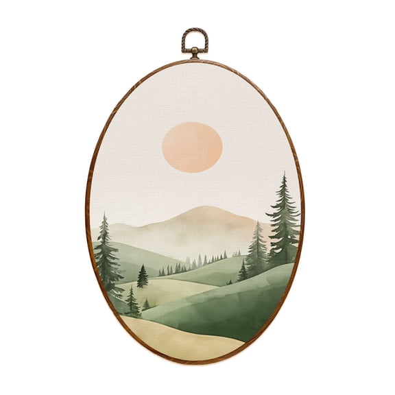 Canvas Wall Art Mountain Boho Mountain Landscape Scenic Mountains Sun Trees Soft Sky Oval Framed Canvas Prints Vintage Wall Hanging Decor for Home Office Decorations 8.6"x11.4"