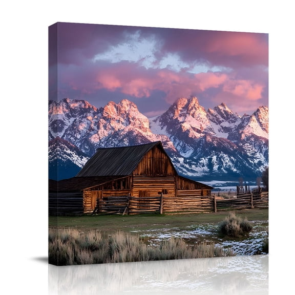 Canvas Wall Art Mountain Landscape Canvas Art Print Rustic Barn Grasslands Farmhouse Pictures Wall Decor for Living Room Bedroom Artwork Decorations Stretched Framed Ready to Hang 8"x8"