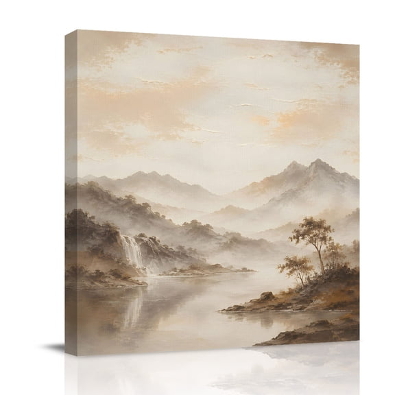Canvas Wall Art, Mountain Landscape Framed Canvas Prints for Bathroom Desk, Modern Abstract Art Lake Pine Tree Small Gallery Wrapped Wall Decor for Home Office, Gifts, 8"x8" Ship Next Day
