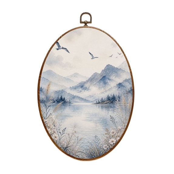 Canvas Wall Art Mountain Peak Lake Wall Mural Tall Reeds Mountains Water Body Birds Oval Framed Canvas Prints Vintage Wall Hanging Decor for Home Decorations 8.6"x11.4"