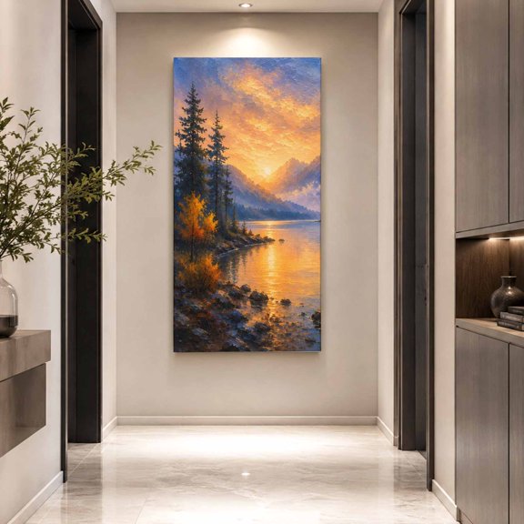 Canvas Wall Art Mountains Lake Canvas Art Print Rustic Pine Trees Sunset Sky Orange Blue Landscape Wall Decor for Living Room Bedroom Artwork Decorations Stretched Framed Ready to Hang 20"x40"