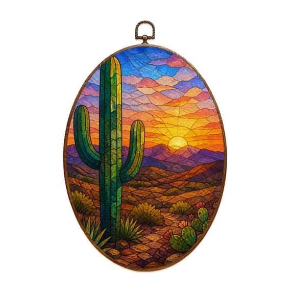 Canvas Wall Art Multi Dimensional Stained Glass Western Desert Scene Cactus Oval Framed Canvas Prints Vintage Wall Hanging Decor for Home Decorations 8.6"x11.4"