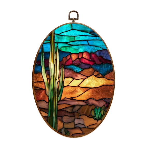 Canvas Wall Art Multi Dimensional Stained Glass texured Western Desert Scene Cactus Oval Framed Canvas Prints Vintage Wall Hanging Decor for Home Decorations 8.6"x11.4"