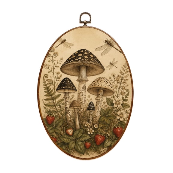 Canvas Wall Art Mushrooms Strawberries Dragonflies Leaves Flowers Detailed Pen Ink Oval Framed Canvas Prints Vintage Wall Hanging Decor for Home Decorations 8.6"x11.4"