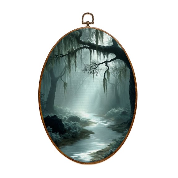 Canvas Wall Art Mystical Woodland Dense Forest Trees Moss Sunlight Filtering Trees Oval Framed Canvas Prints Vintage Wall Hanging Decor for Home Office Decorations 8.6"x11.4"