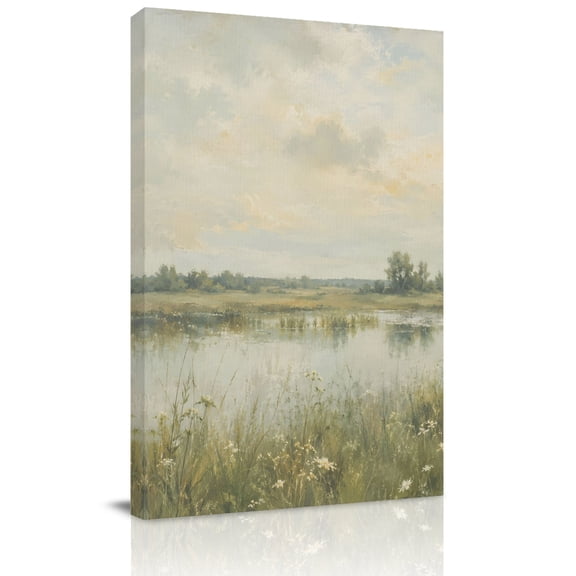 Canvas Wall Art, Natural Landscape Framed Canvas Prints for Living Room Office, Vintage Rustic Lake Plants Oil-Painting Extra Large Gallery Wrapped Wall Decor for Home Office, Gifts, 24"x32"