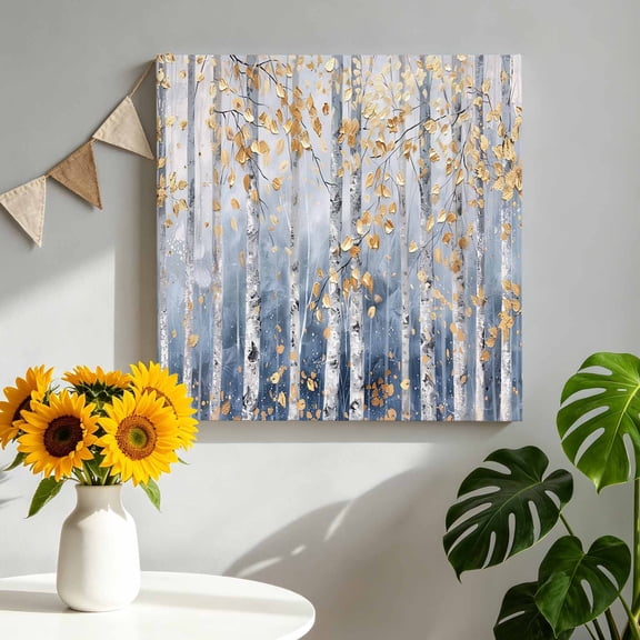 Canvas Wall Art Nature Landscape Canvas Art Print Birch Leaves Yellow Oil Painting Pictures Wall Decor for Living Room Bedroom Artwork Decorations Stretched Framed Ready to Hang 8"x8"