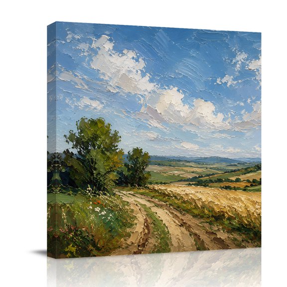 Canvas Wall Art, Nature Scenery Framed Canvas Prints for Bathroom Desk, Rural Country Path Field Clouds Trees Small Gallery Wrapped Wall Decor for Home Office, Gifts, 8"x8" Ship Next Day