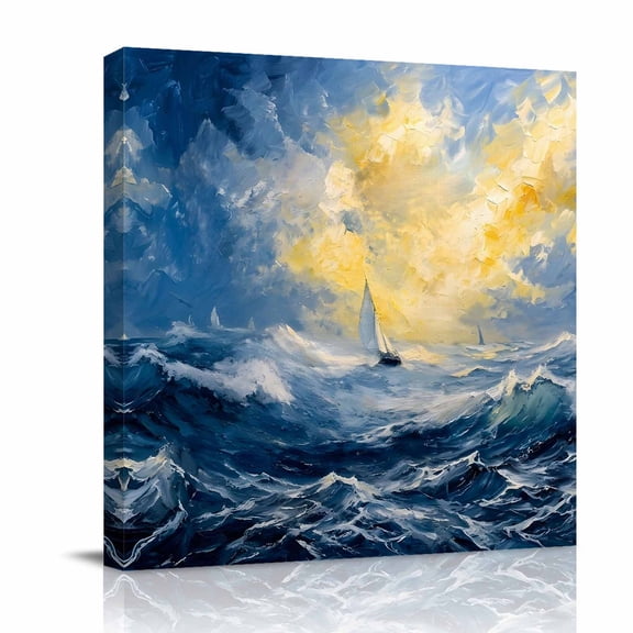 Canvas Wall Art, Nautical Boat Framed Canvas Prints for Bathroom Desk, Coastal Sun Ocean Waves Oil Painting Small Gallery Wrapped Wall Decor for Home Office, Gifts, 8"x8" Ship Next Day